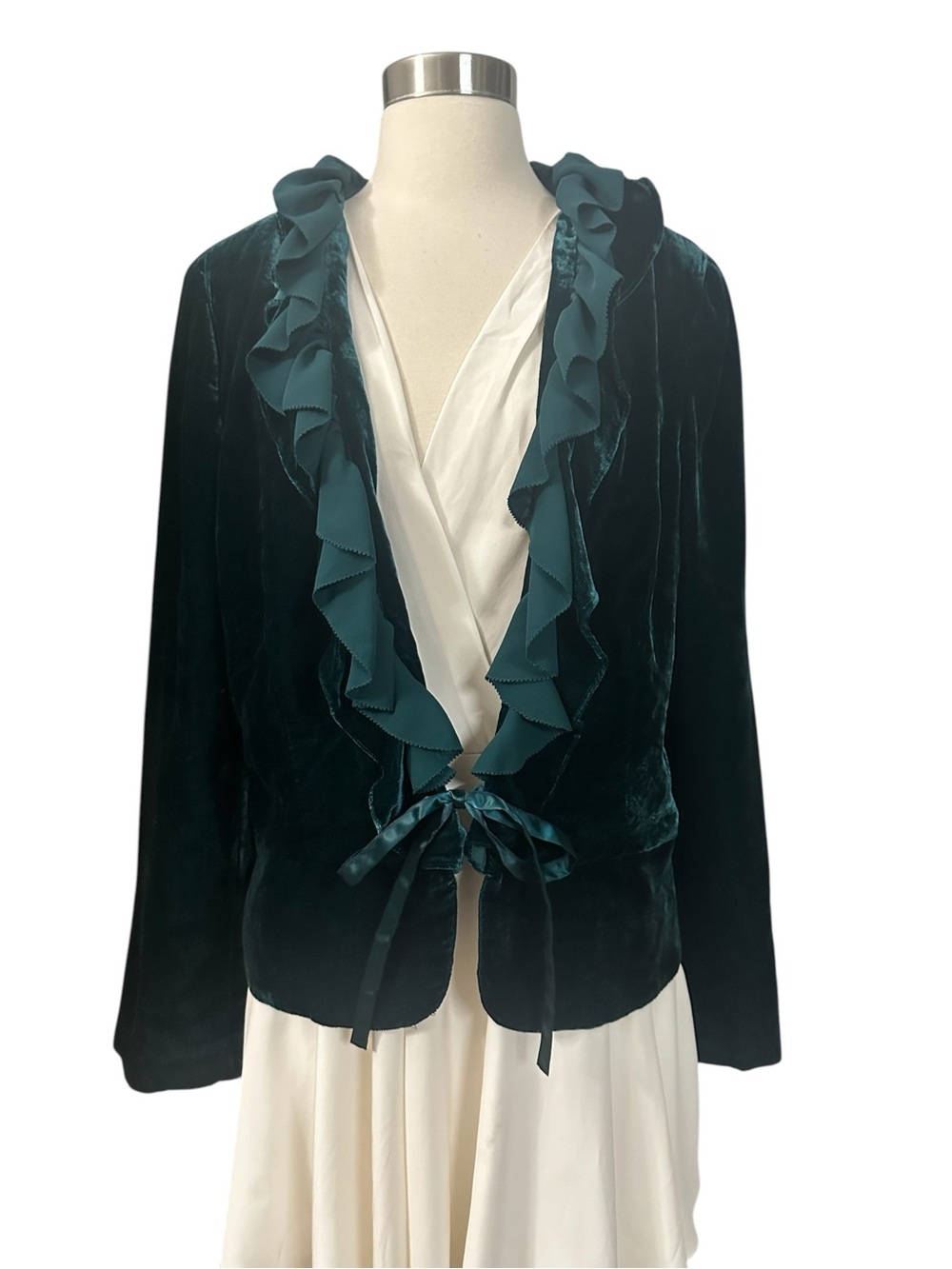 Anthropologie Teal Velvet Ruffle Tie-Front Blazer